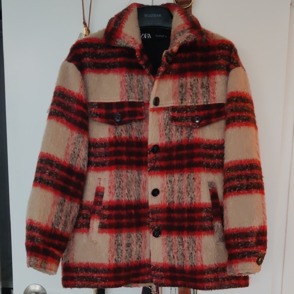 Zara Plaid Wool-Blend Shacket Jacket - Red & Cream